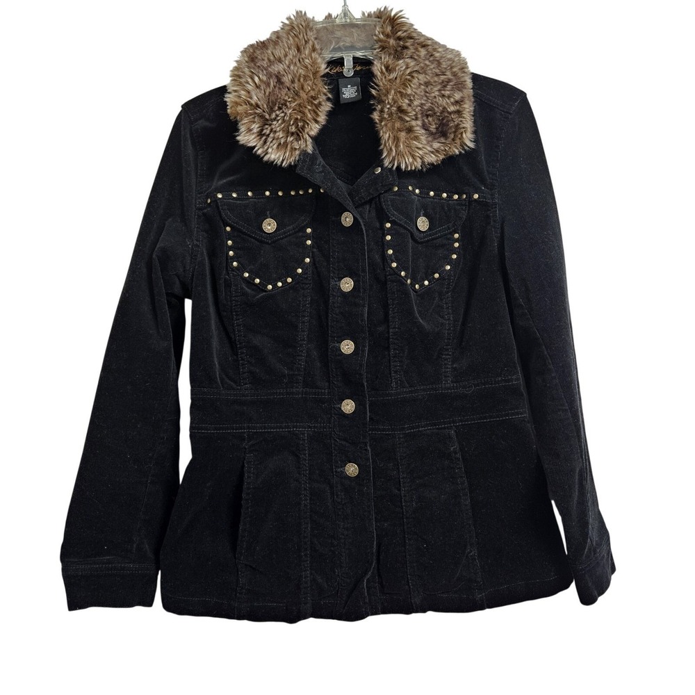 Kikit Jeans Jacket Womens M Black Corduroy Faux Fur Collar Studded Western Retro